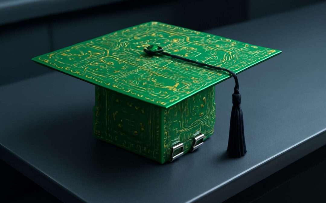 Tech grads celebrate with a motherboard graduation cap, blending style and circuitry.
